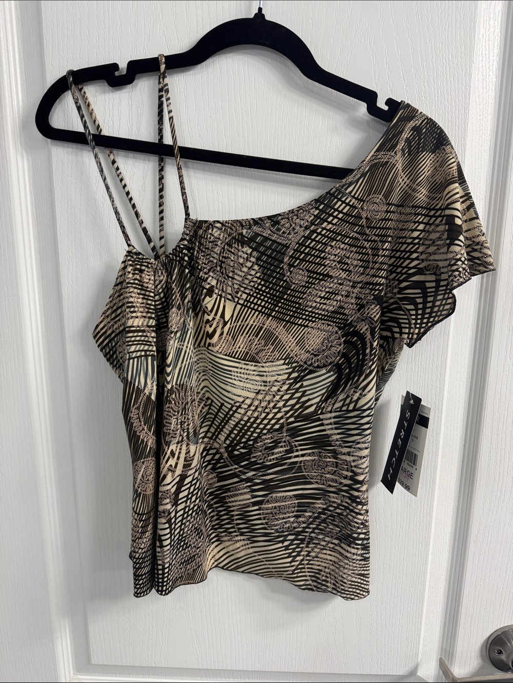 Vintage A. Byer One-Shoulder Strappy Tank Top in Beige and Black Whimsygoth